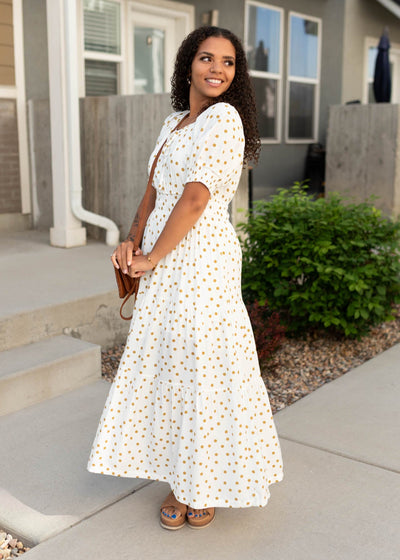 Short sleeve white polka dot dress with gold dot