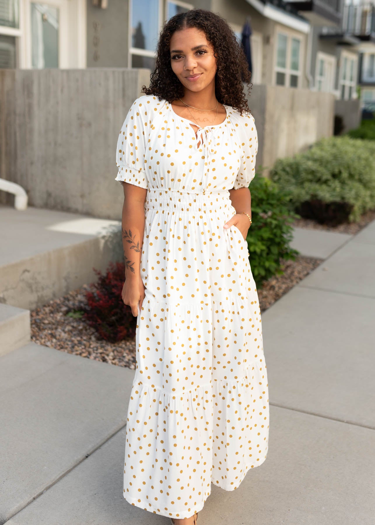 Short sleeve white polka dot dress