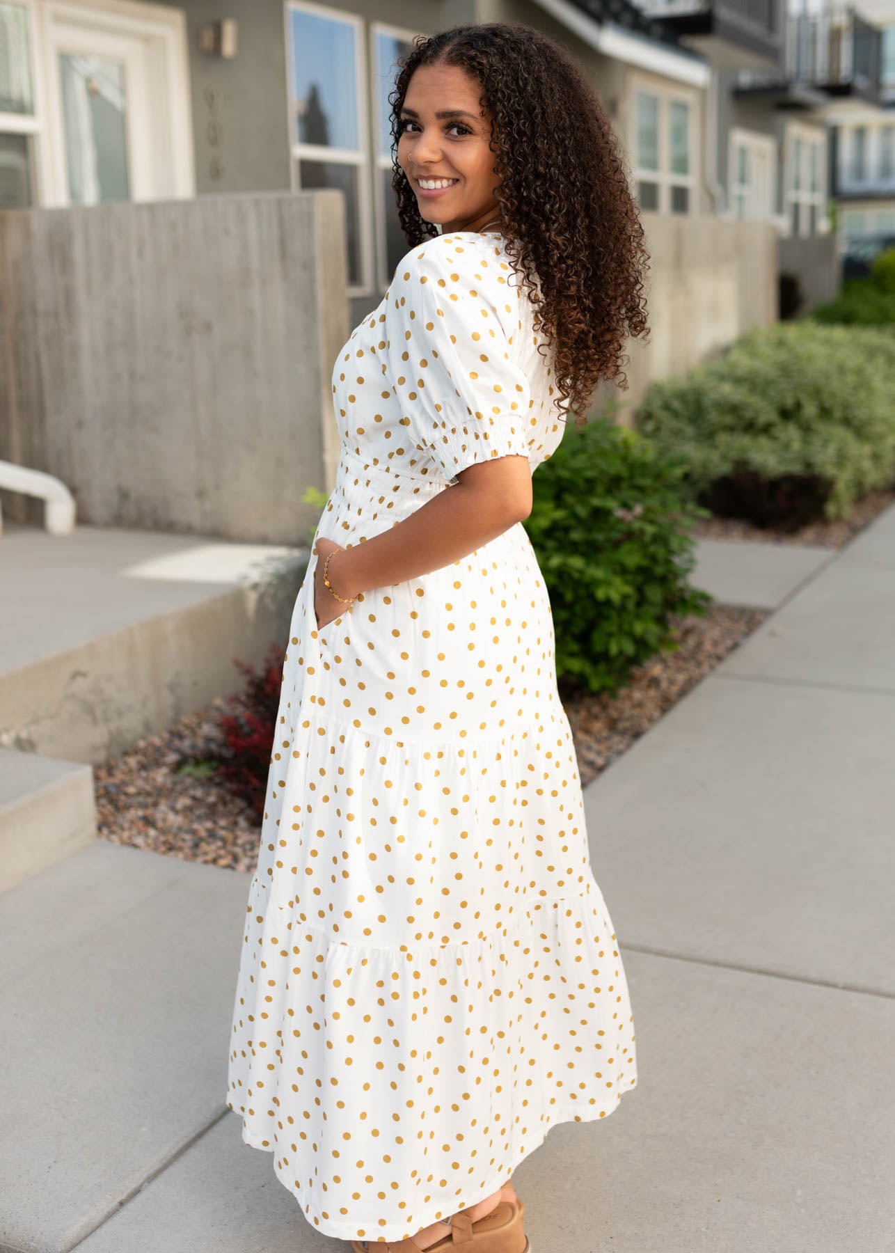 Side view of the white polka dot dress