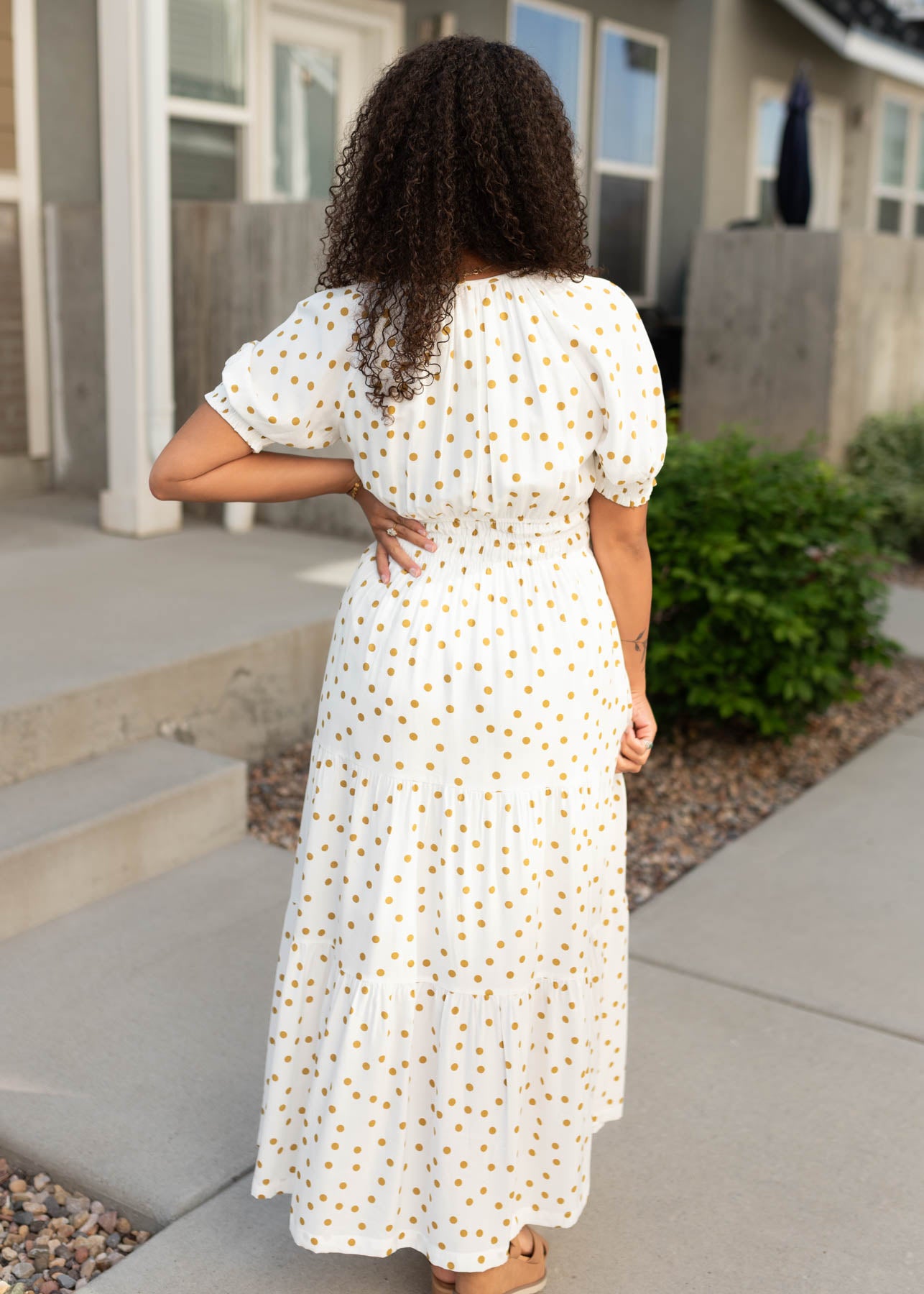 Back view of the white polka dot dress