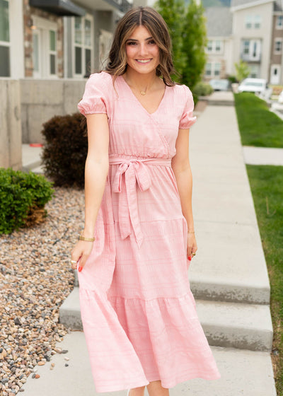 Short sleeve blush pink tie waist dress