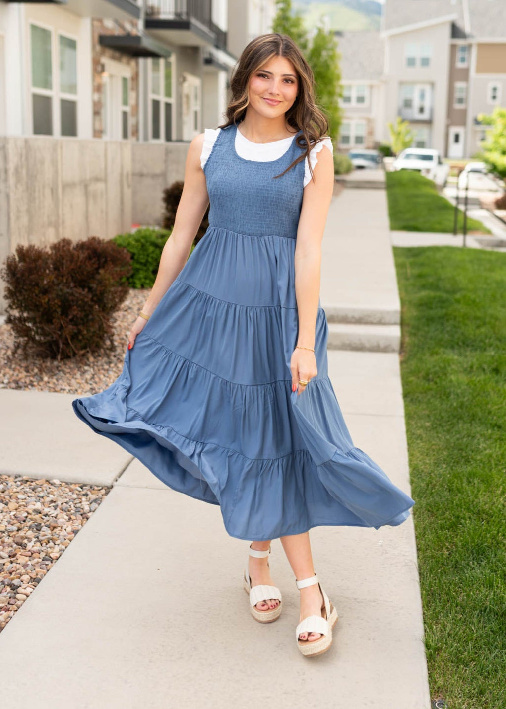 Small dusty blue smocked dress