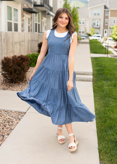 Small dusty blue smocked dress