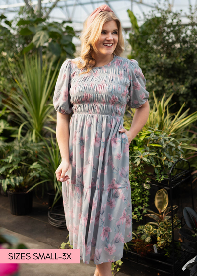 Sage gray watercolor floral dress with short sleeves