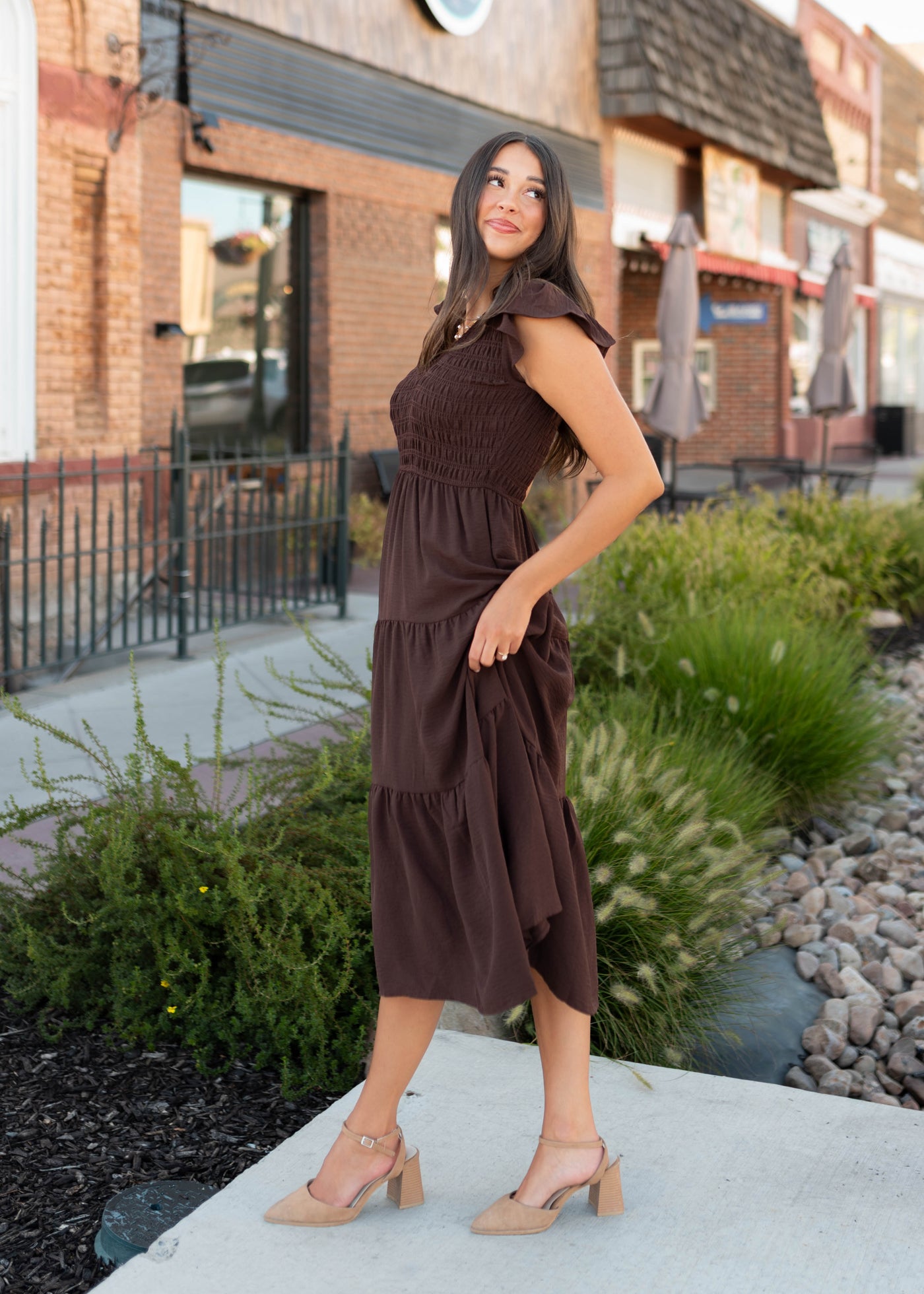Zaylee Dark Brown V Neck Smocked Midi Dress – Lena Layne