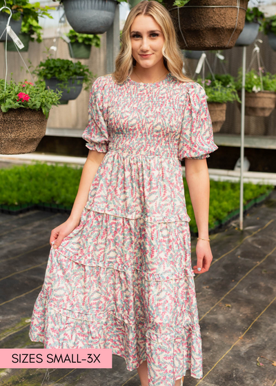 Short sleeve blue floral smocked dress with tiered skirt