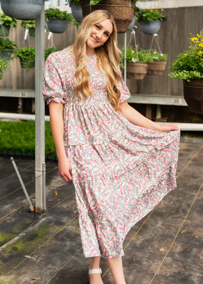 Short sleeve blue floral smocked dress