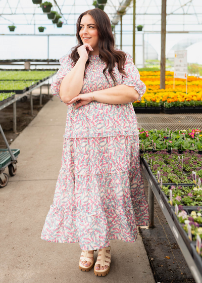 Short sleeve plus size blue floral smocked dress