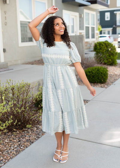 Light blue embroidered dress with short sleeves