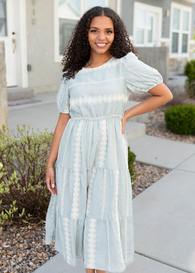 Short sleeve light blue embroidered dress
