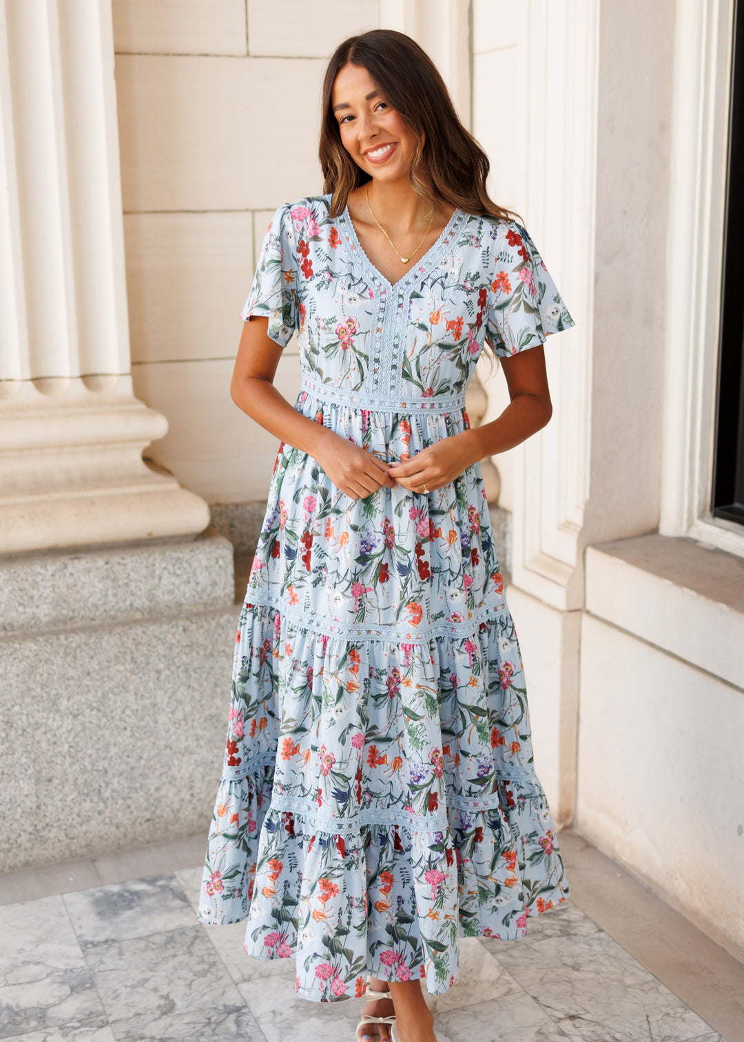 light blue v neck dress Light Blue Lace Prom Dresses Princess V Neck main image 1