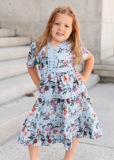 Blue floral tiered little girl dress