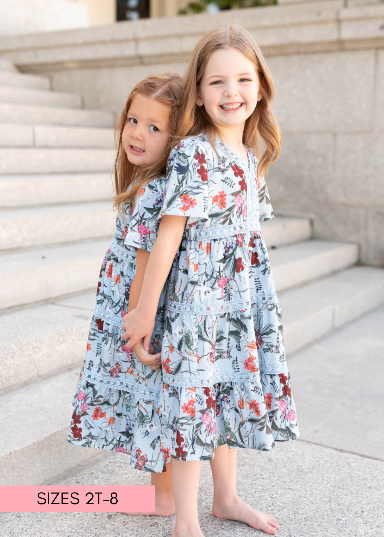 Blue floral tiered little girl dress