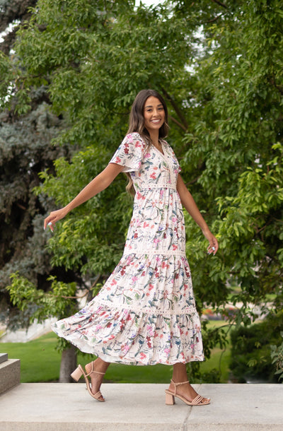 Modest short sleeve pink floral tiered dress with pink lace
