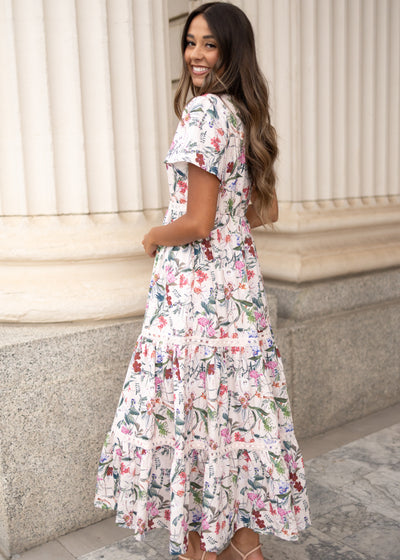 Side view of the modest lena lou pink floral tiered dress