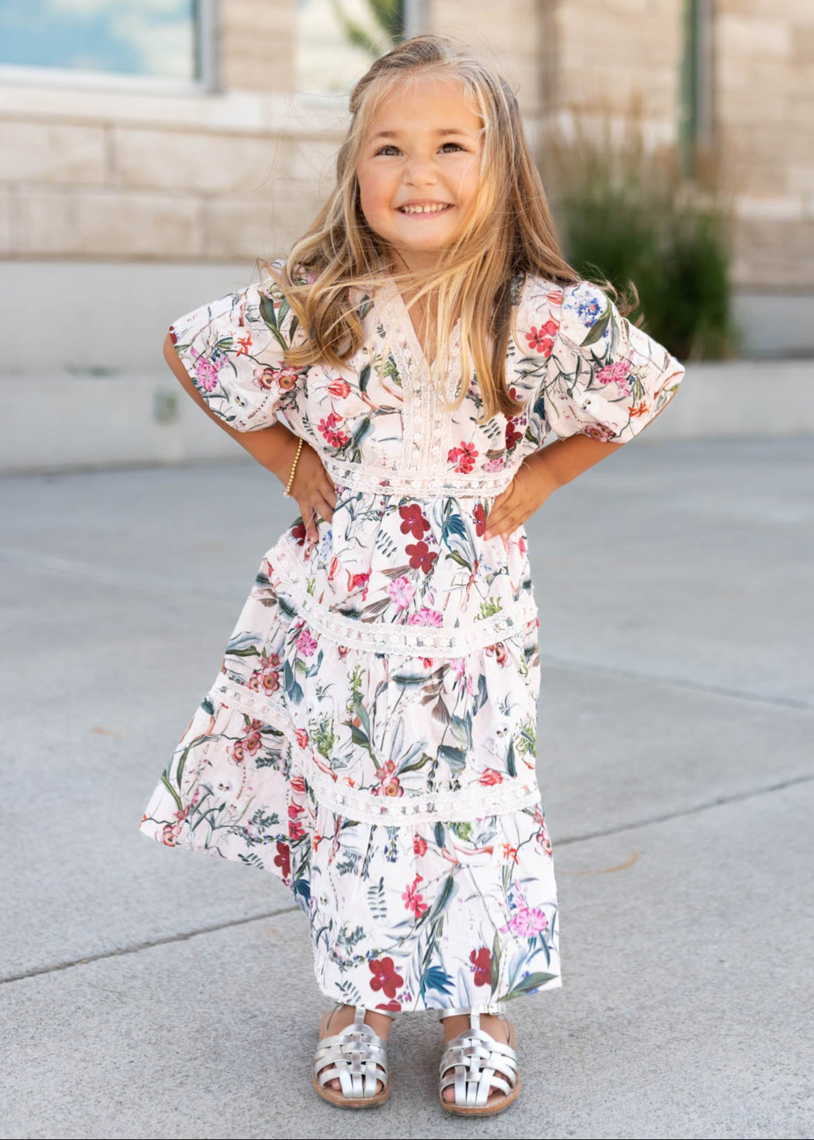 Modest Lena Lous pink floral tiered little gir dress with lace trim and short sleeves