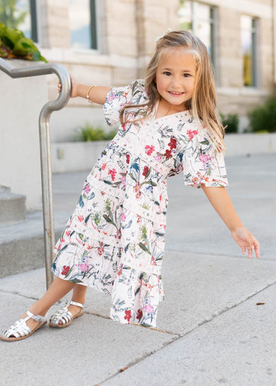 Lena Lou pink floral tiered little girl dress with lace tirm at the seams