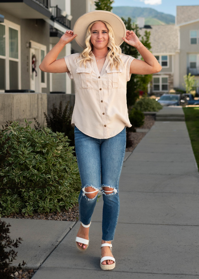 Button up khaki top with collar