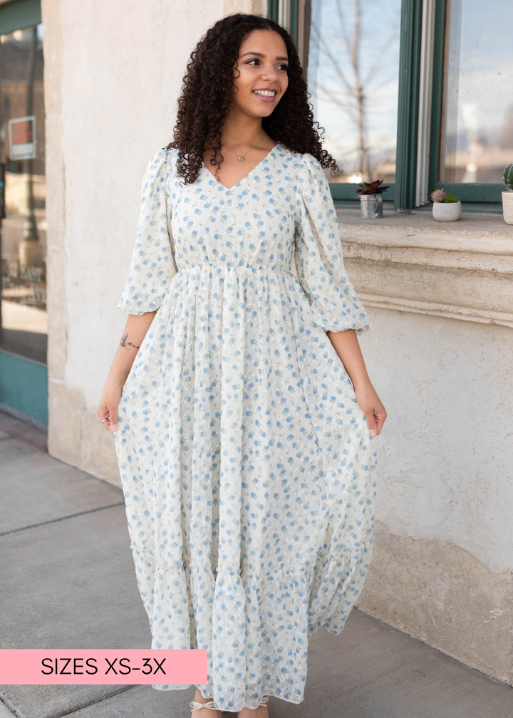 fitted lace wedding dress Kaitlyn Blue Floral Dress - Elegant Floral Dress
