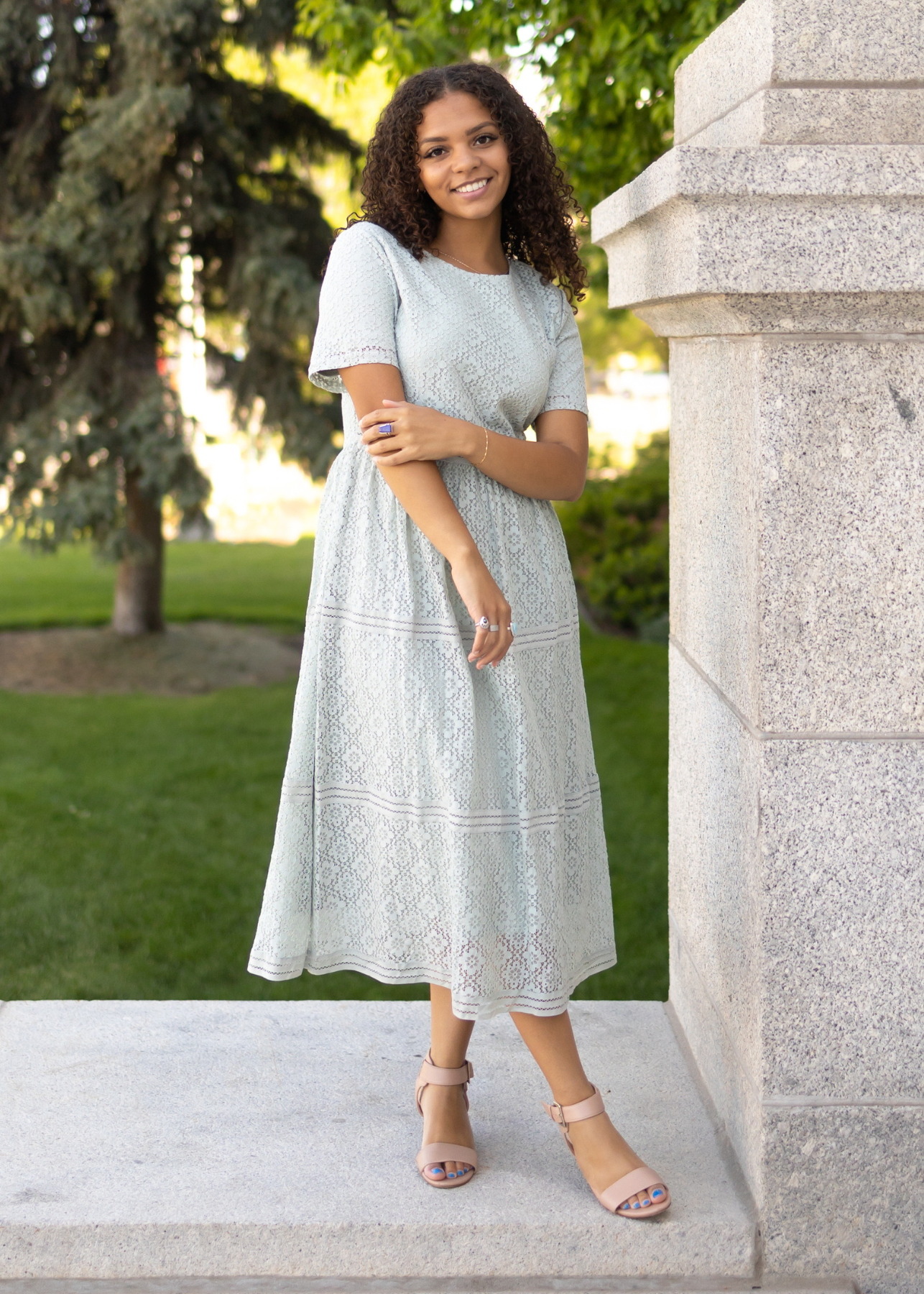 Short sleeve dusty sage lace dress