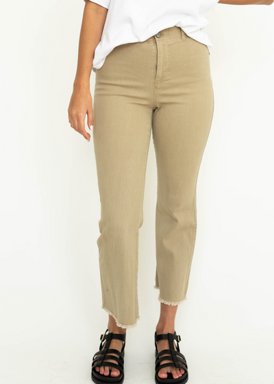 Tan straight leg frayed edge, ankle length pants