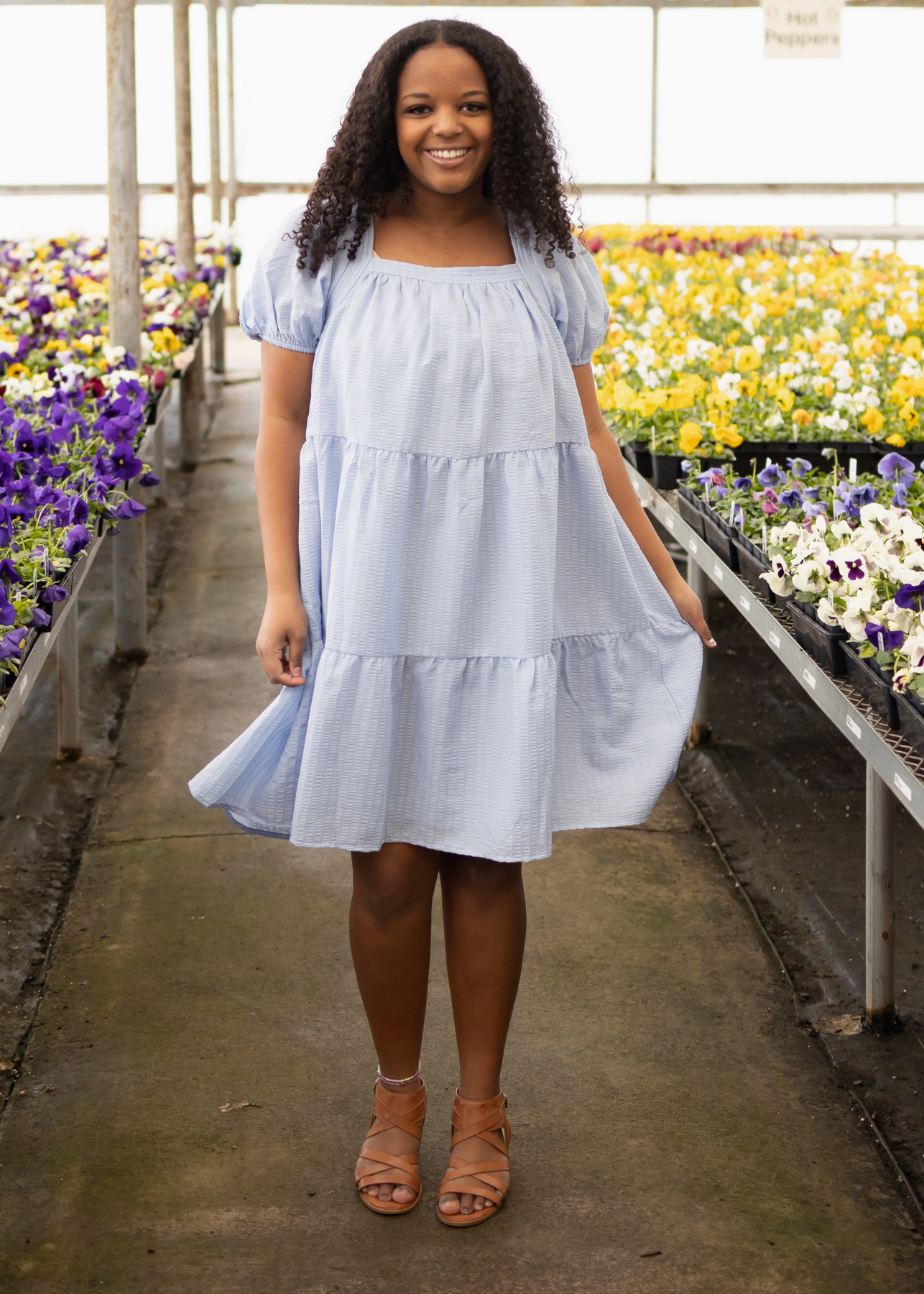 Knee length light blue dress with short sleeves