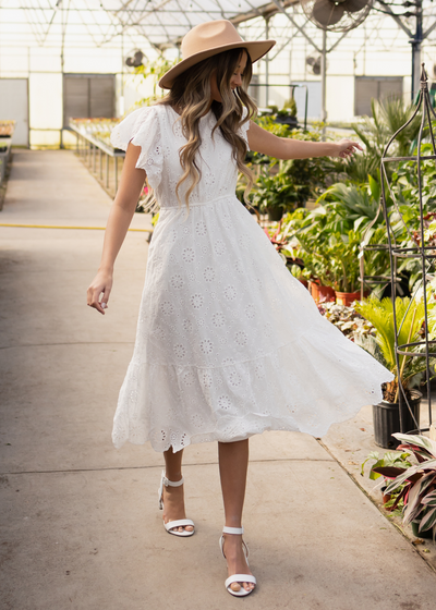 White eyelet dress with ruffle sleeve