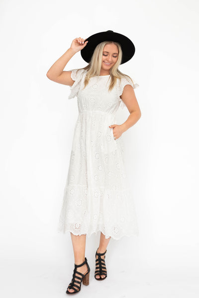 Short sleeve white eyelet dress with pockets