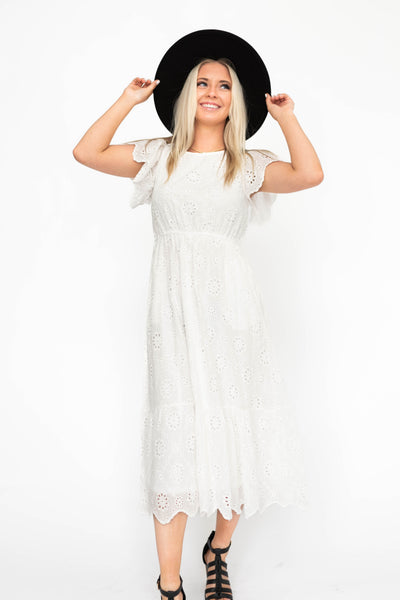 Cap sleeve white eyelet dress with elastic waist