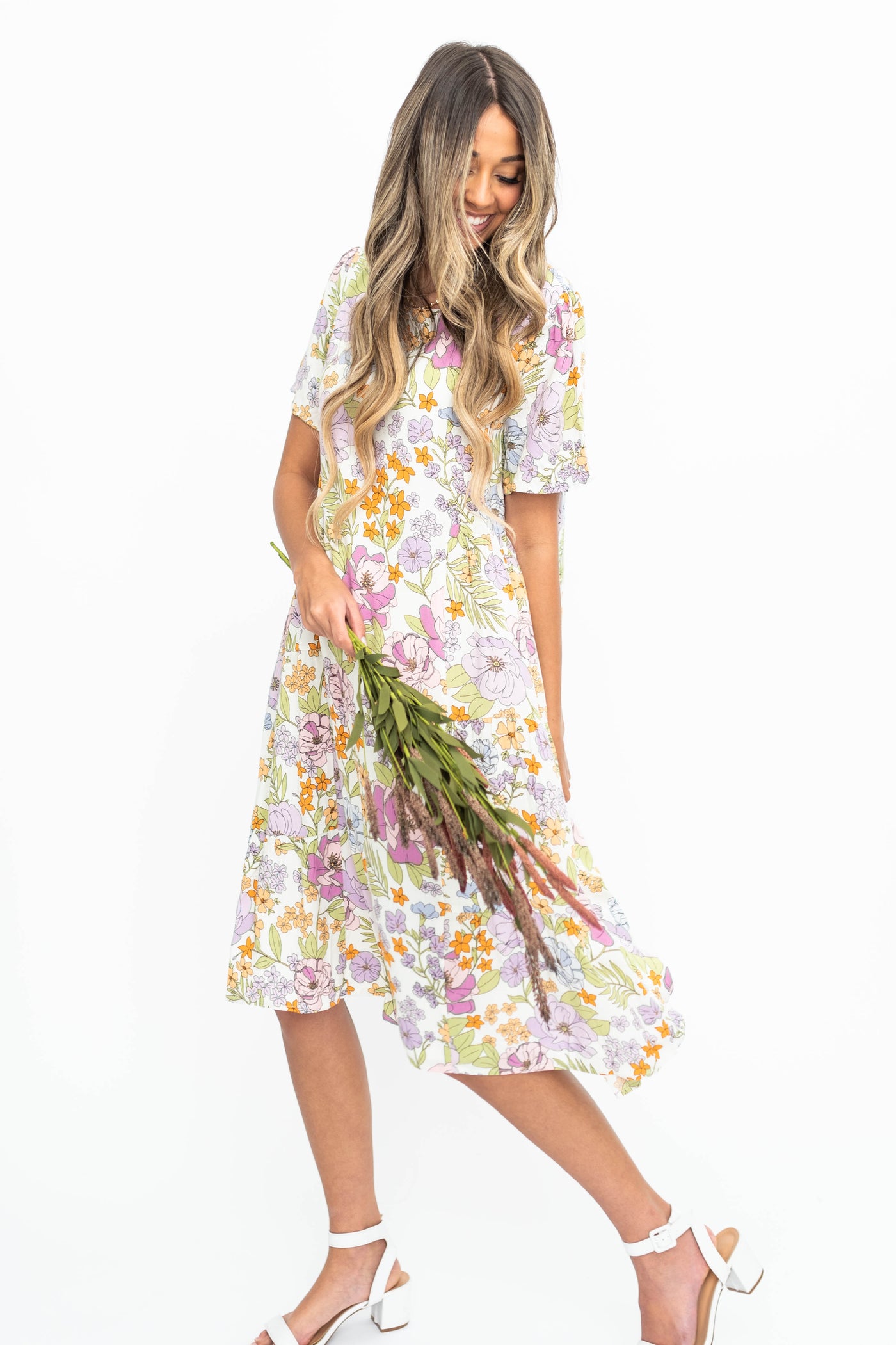 Short sleeve knee length ivory floral dress