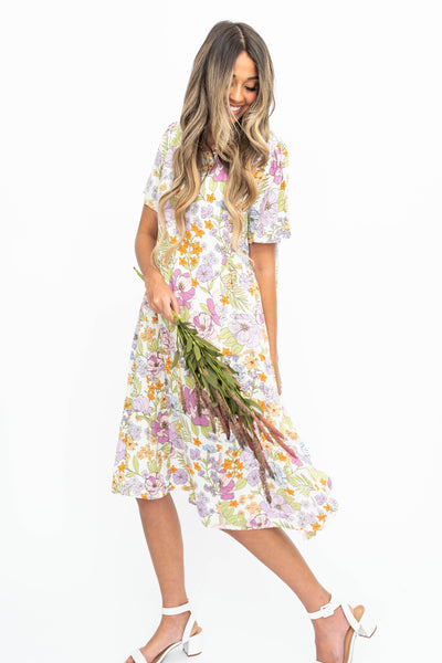 Short sleeve knee length ivory floral dress