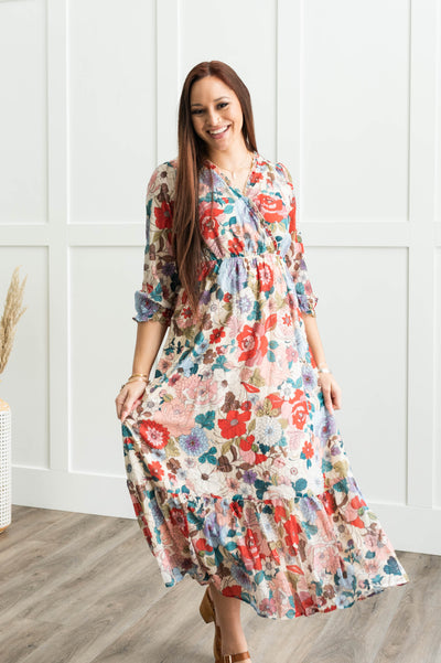 Floral dress with a high elastic waist