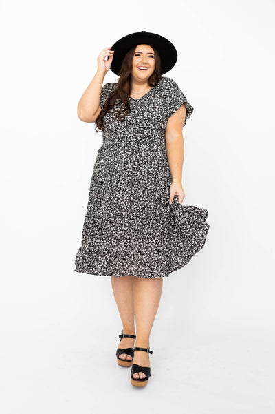 Below the knee black floral short sleeve dress