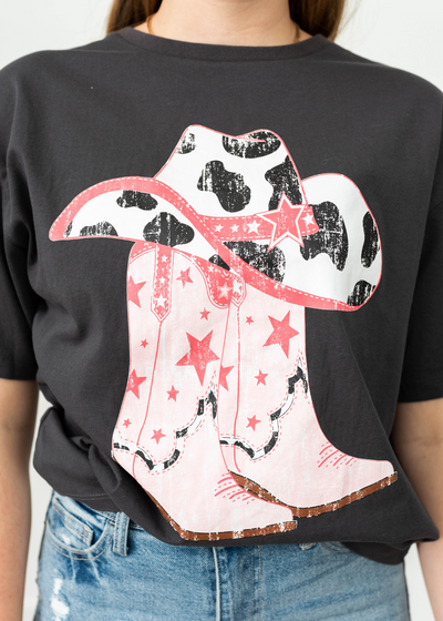 Charcoal top with pink cowboy boots and cowboy hat