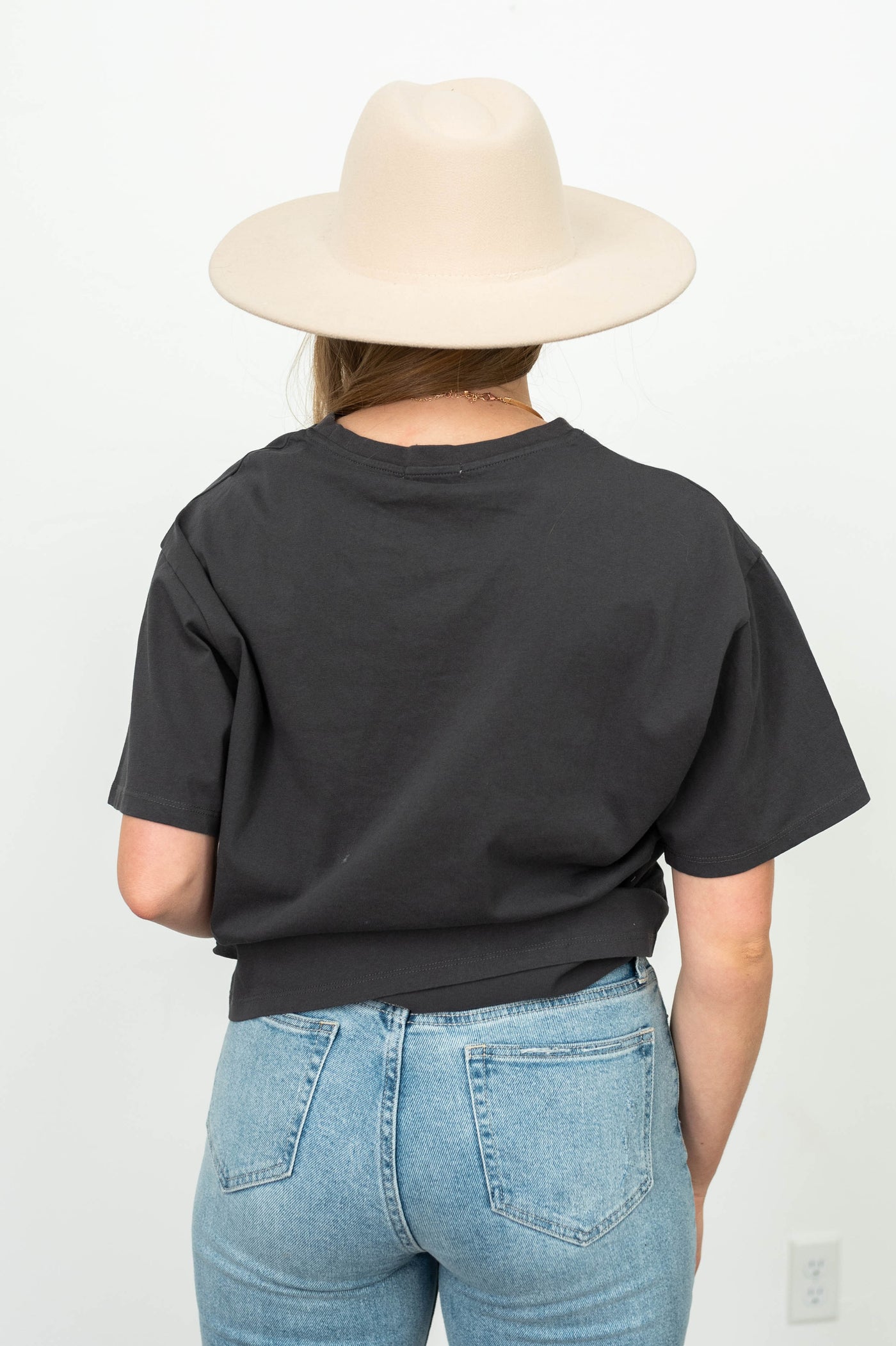 Back view of a charcoal top
