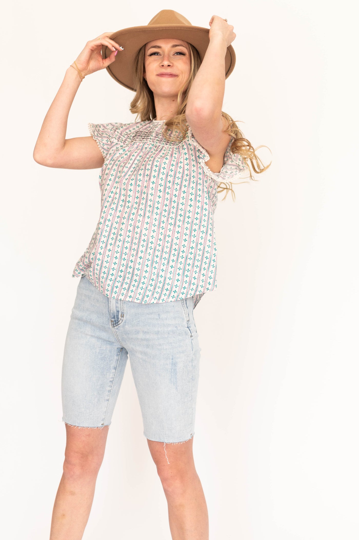 Short sleeve multi color top with ruffle sleeves
