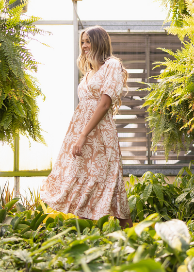 Short sleeve taupe floral dress with v-neck