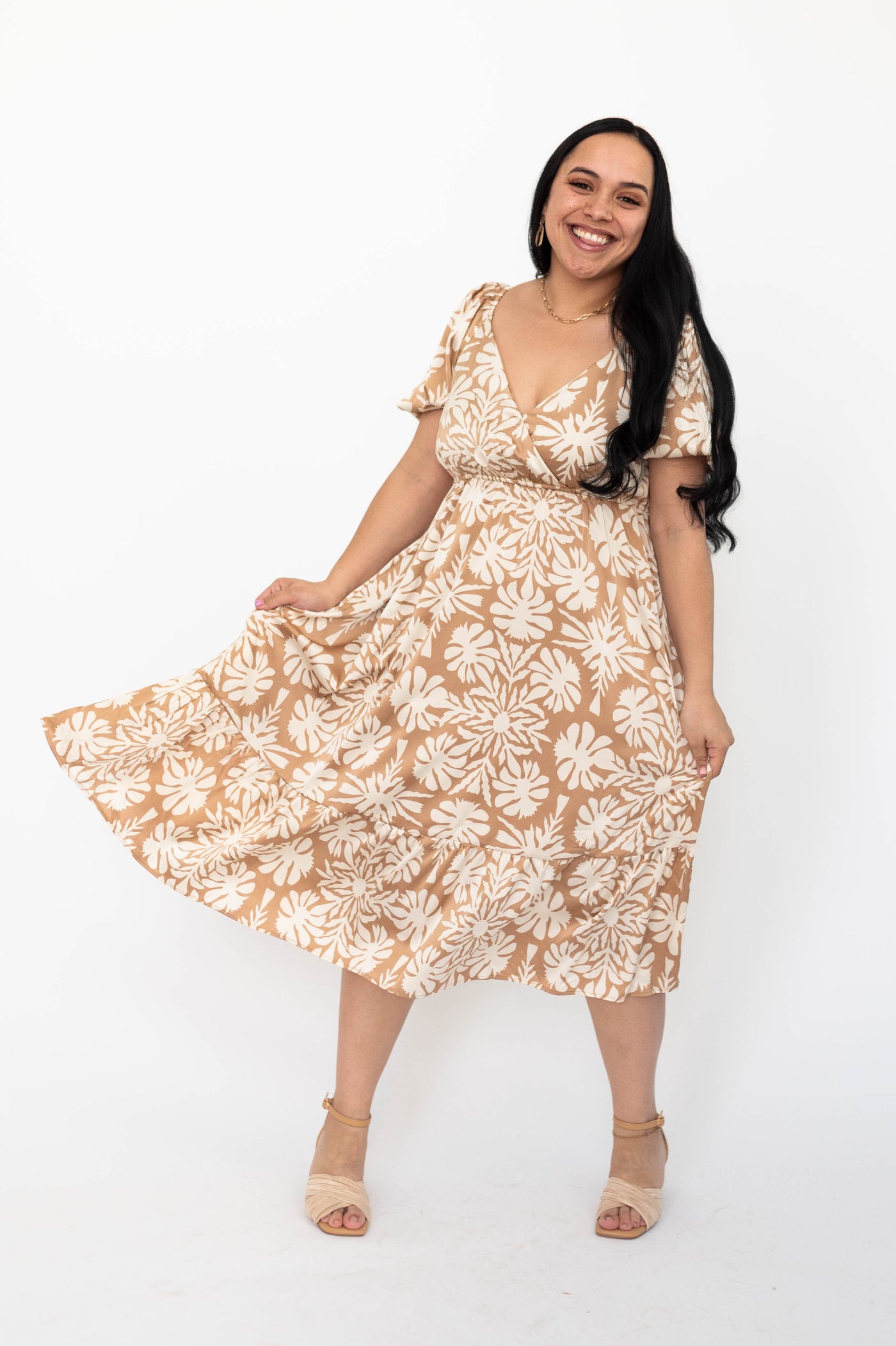 Short sleeve large taupe floral dress with v-neck and tiered skirt