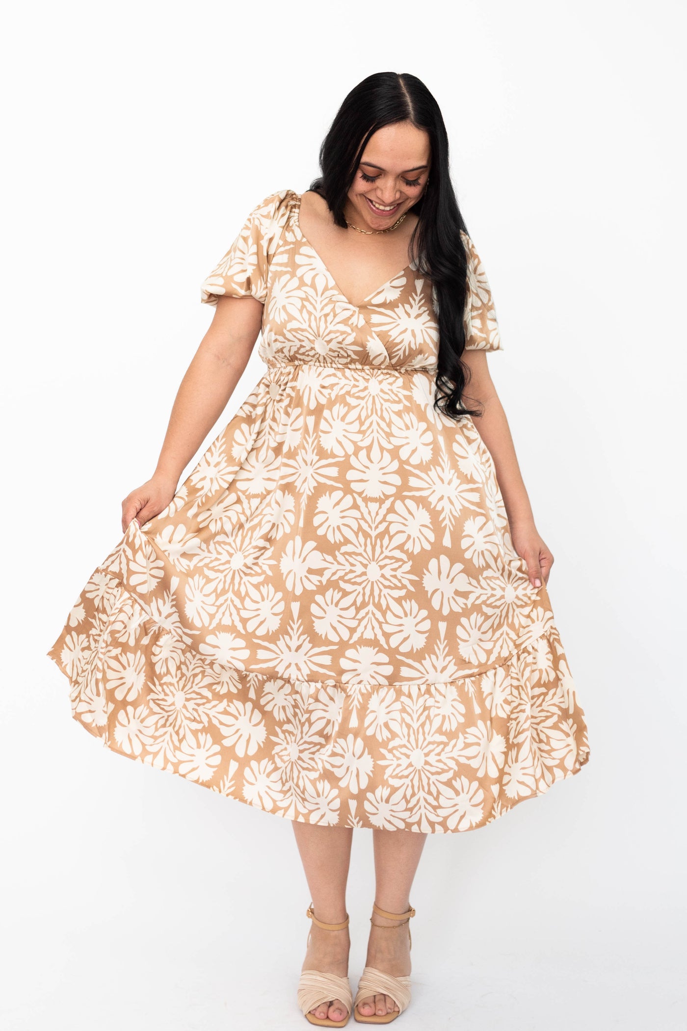 Large taupe floral dress with v-neck