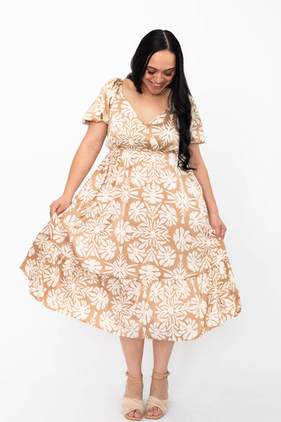 Large taupe floral dress with v-neck
