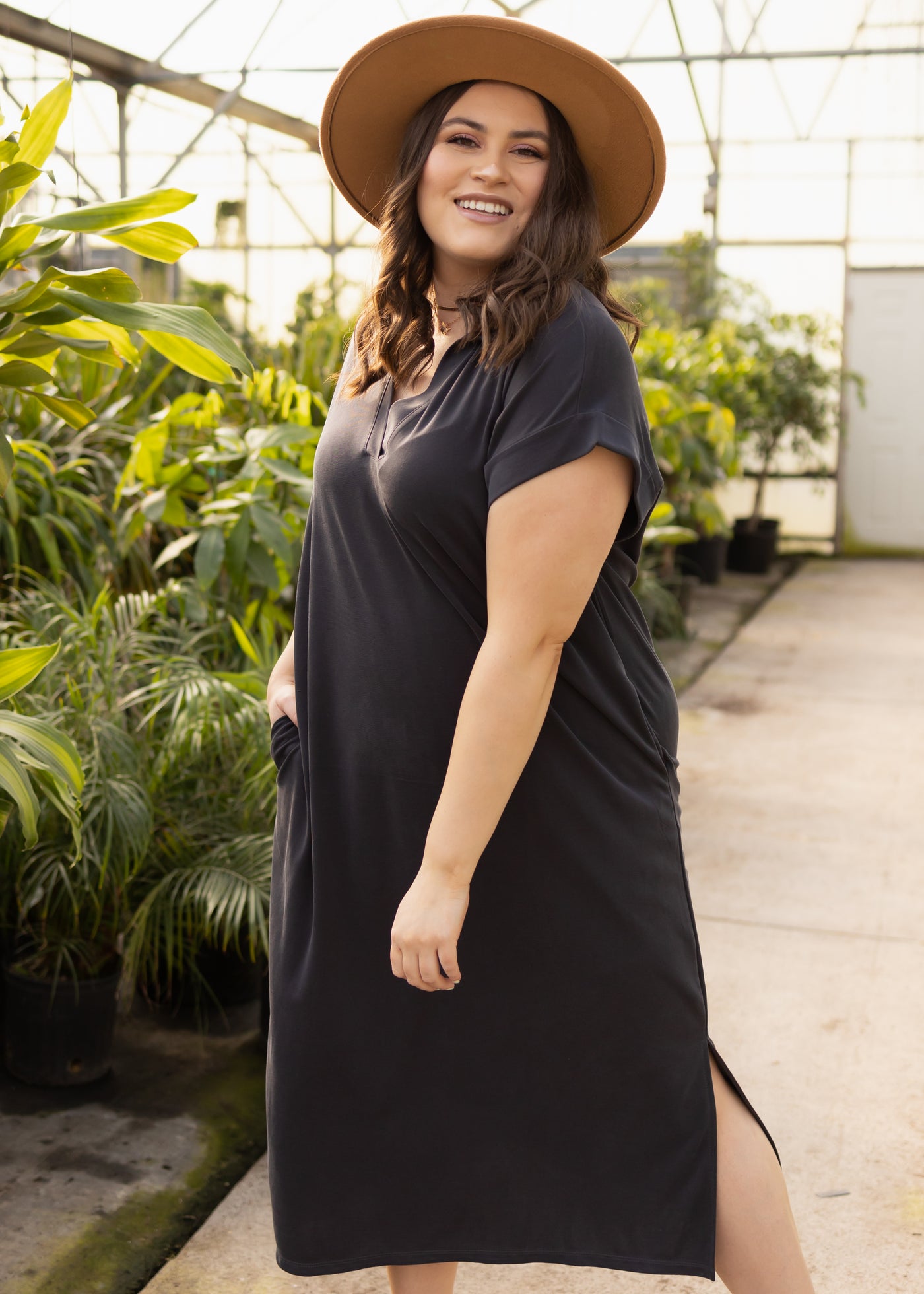 Side view of a plus size black dress