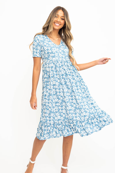 Short sleeve blue floral dress