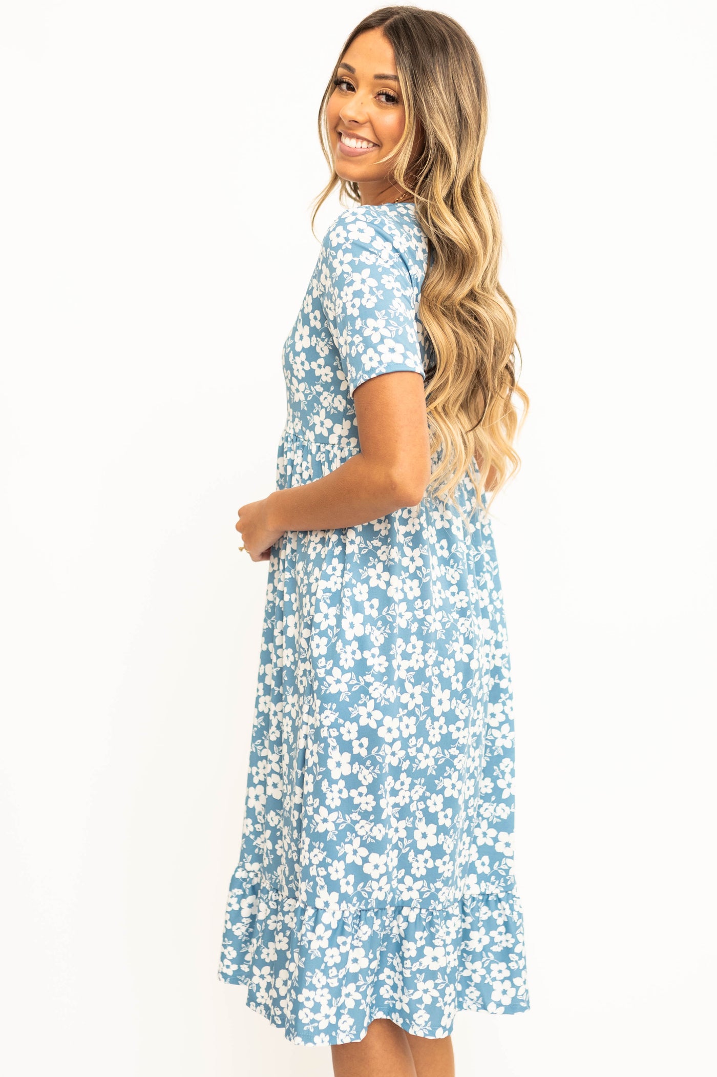 Side view of a blue floral dress
