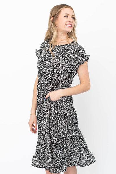 Short sleeve black floral dress