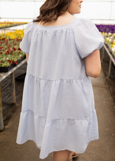 Back view of a plus size light blue dress