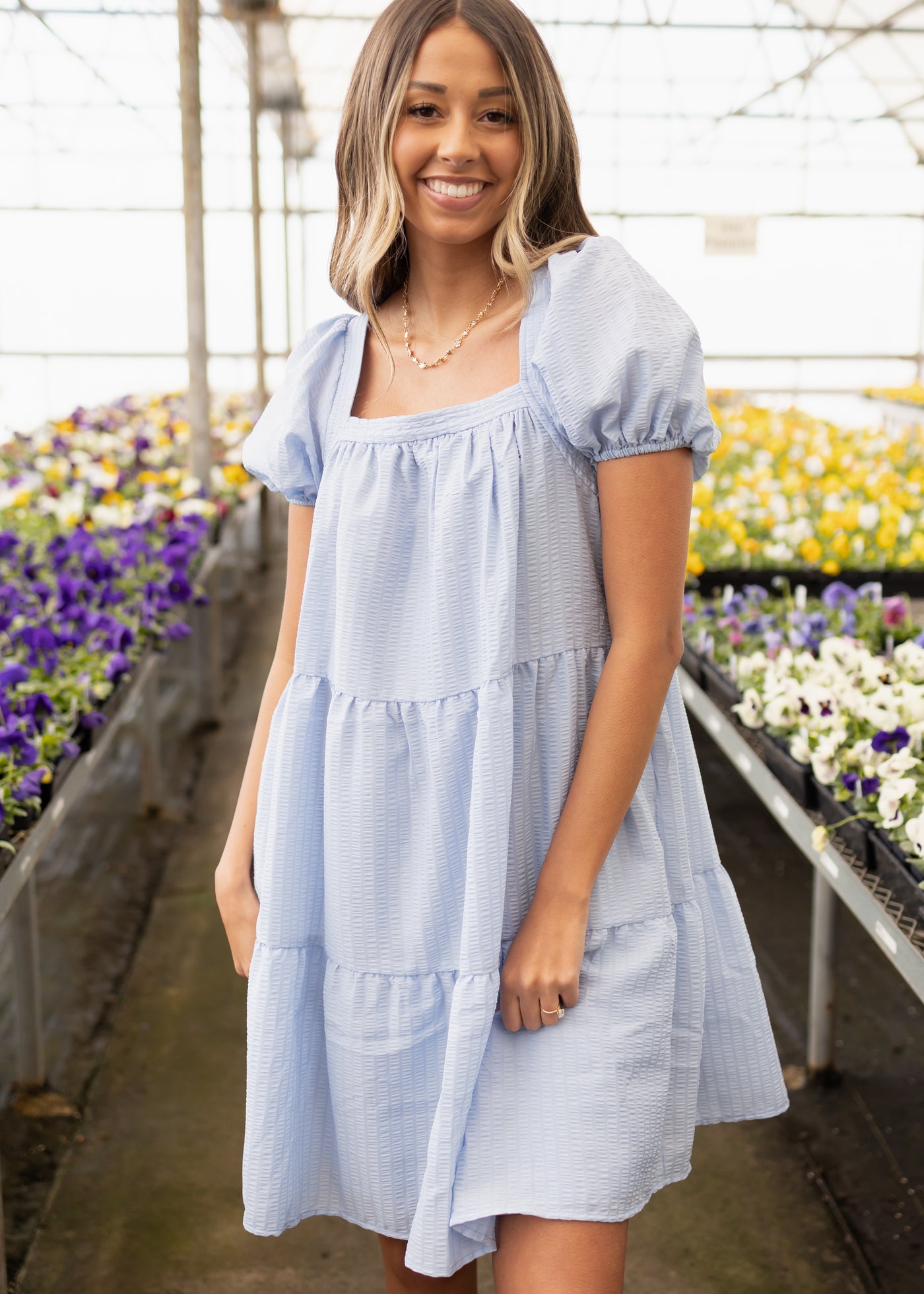 Square neck short sleeve light blue dress