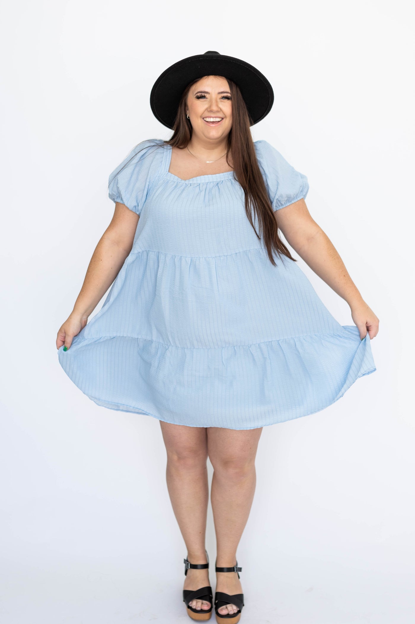 Short sleeve plus size light blue dress with square neck
