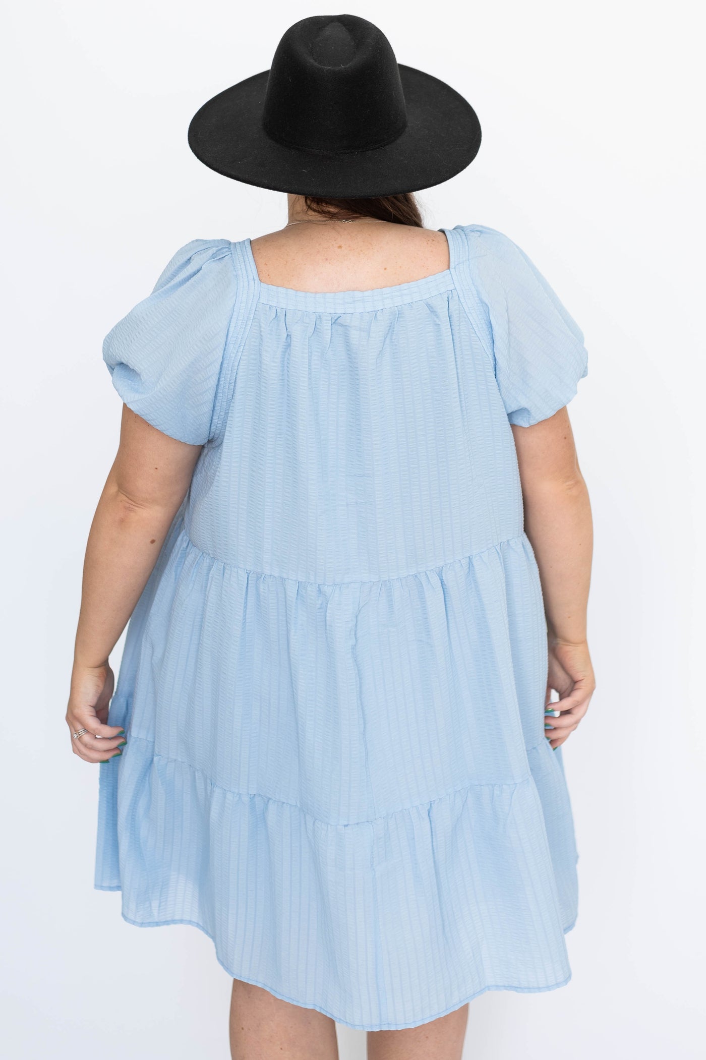 Back view of a light blue dress