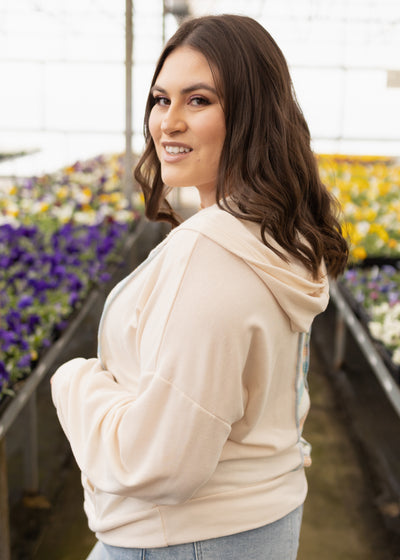 Plus size oatmeal top with hood