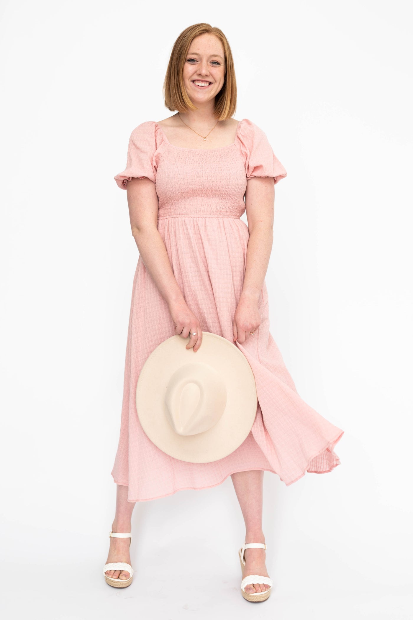 Short sleeve mauve dress with smocked bodice and pockets